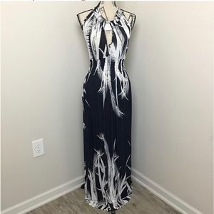 Women’s Black White Print Halter Maxi Dress with Silver Pendant on neck